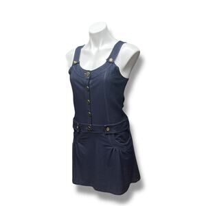 Vintage Y2K Overall Dress Women’s Stretch "Denim" Gold Button Front Pockets Sz L